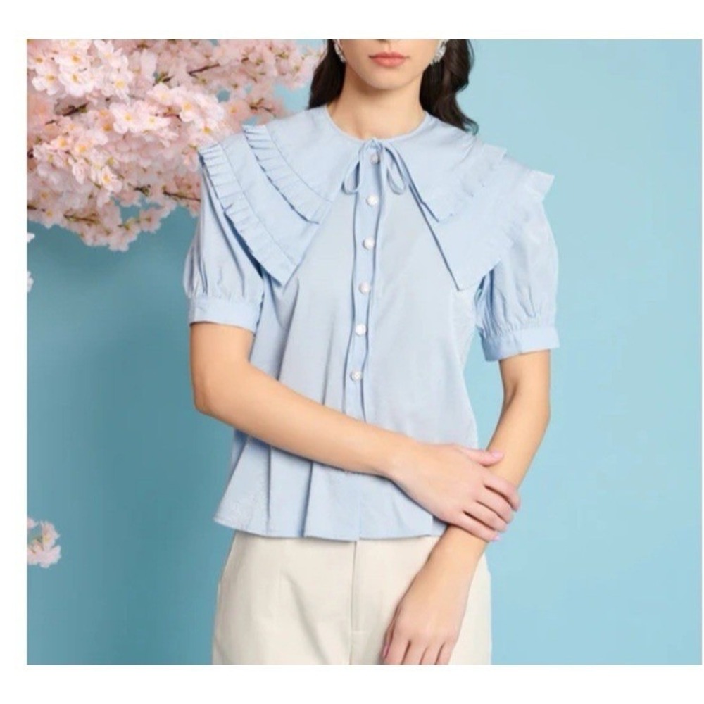Sister Jane Top Blouse Womens Small Blue Glitter Flutter Pleat Twee Peter Pan
